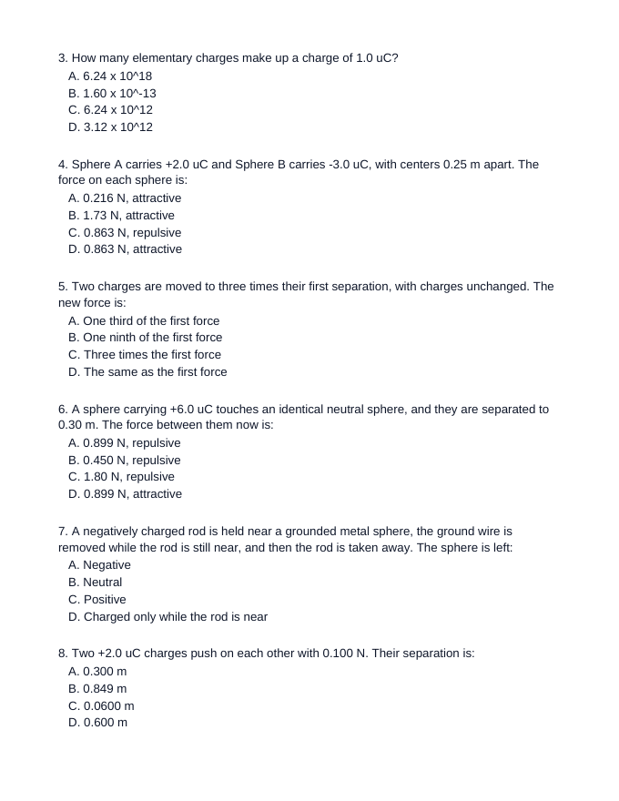 Electrostatic Charge & Coulomb's Law Lesson Quiz sample page