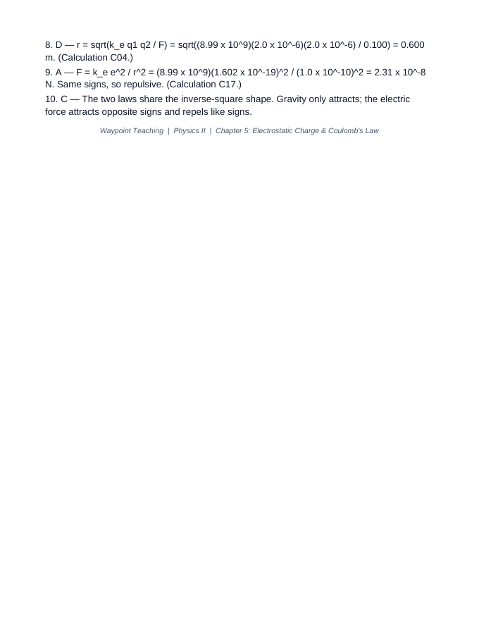 Electrostatic Charge & Coulomb's Law Lesson Quiz sample page