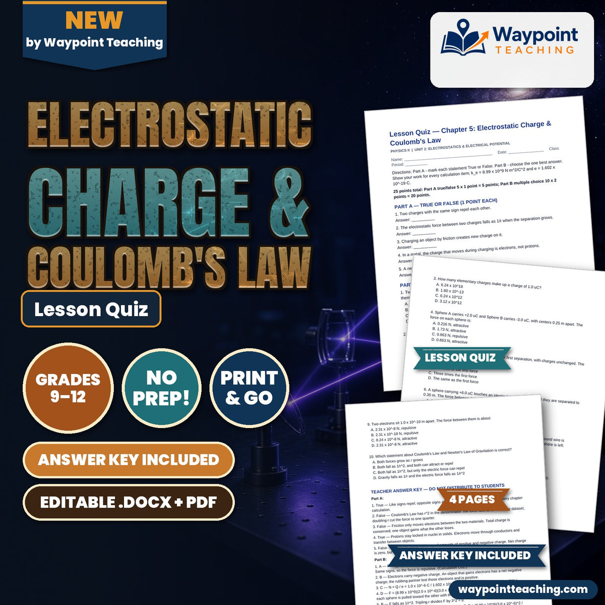 Electrostatic Charge & Coulomb's Law Lesson Quiz cover