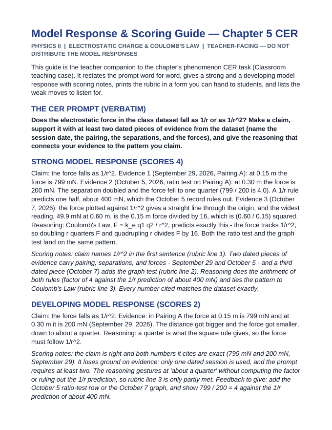 Electrostatic Charge & Coulomb's Law Model Response & Scoring Guide sample page