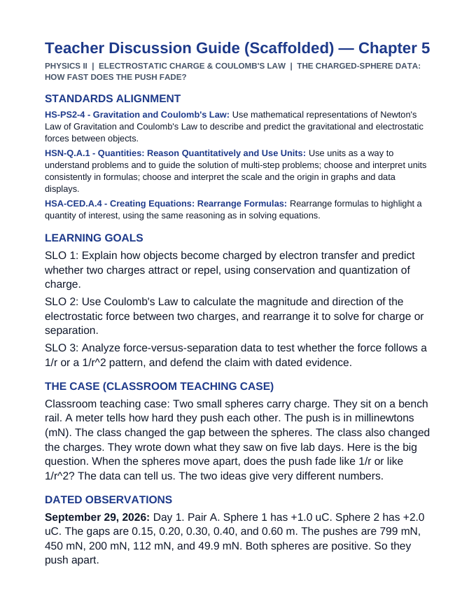 Electrostatic Charge & Coulomb's Law Scaffolded Phenomena-Based Lesson: The Charged-Sphere Data: How Fast Does the Push Fade? Teacher Discussion Guide sample page