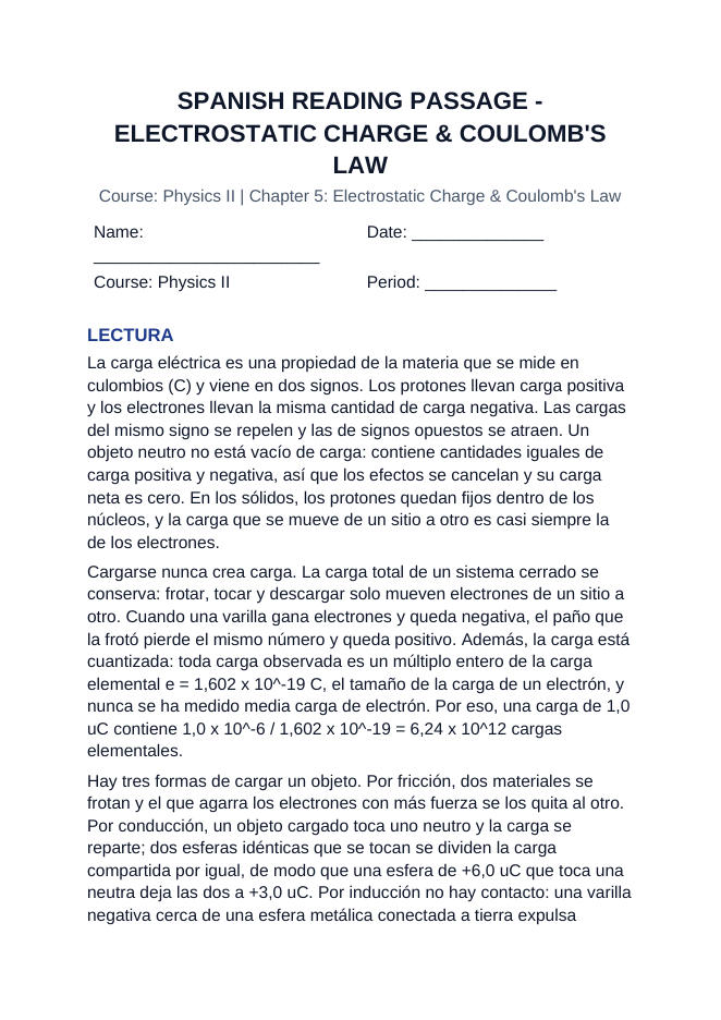 Electrostatic Charge & Coulomb's Law Spanish Reading Passage & Comprehension Questions sample page