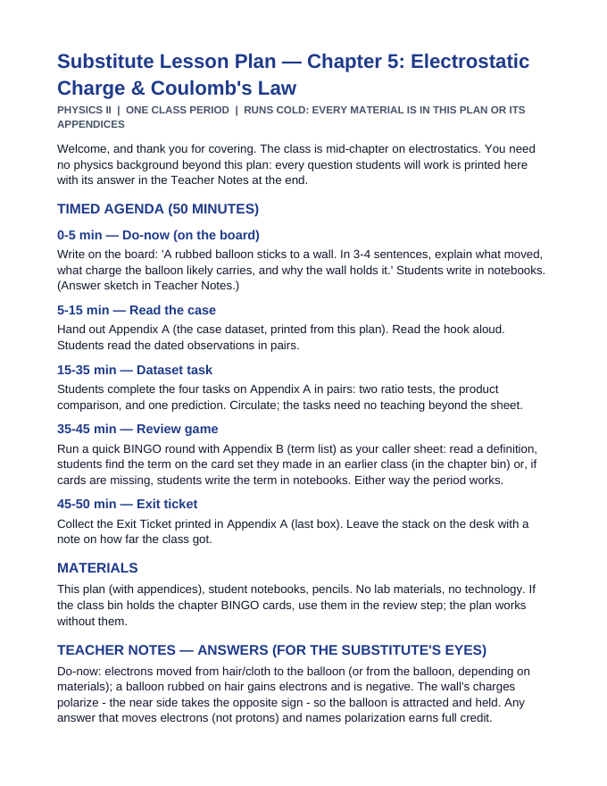 Electrostatic Charge & Coulomb's Law Substitute Lesson Plan sample page