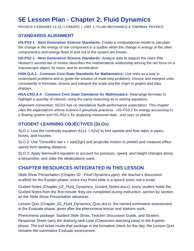 Fluid Dynamics 5E Lesson Plan sample page