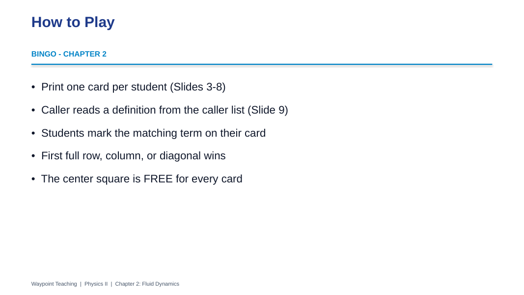 Fluid Dynamics BINGO Review Game sample page