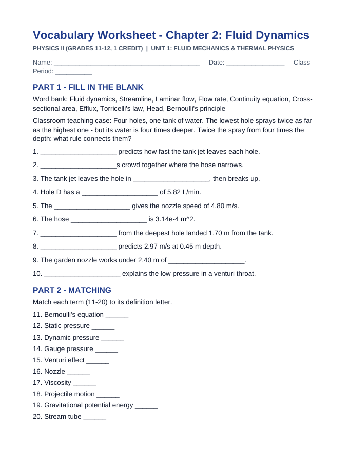 Fluid Dynamics Fill-in-the-Blank Vocabulary Worksheet sample page