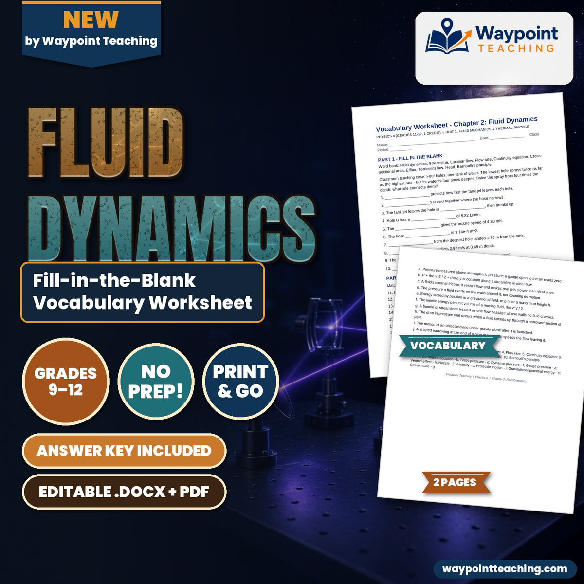 Fluid Dynamics Fill-in-the-Blank Vocabulary Worksheet cover