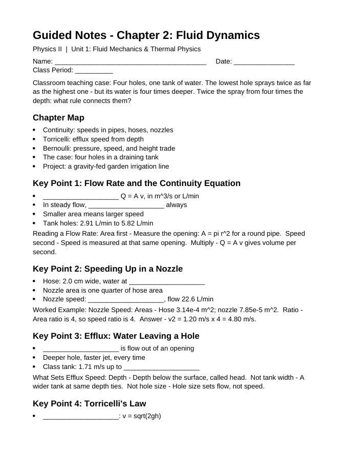 Fluid Dynamics Guided Notes sample page