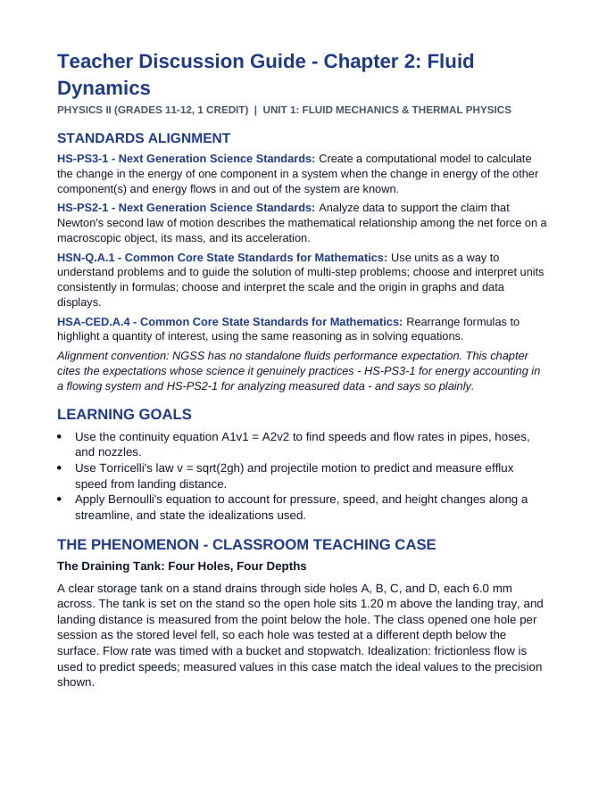 Fluid Dynamics Phenomena-Based Lesson: The Draining Tank: Four Holes, Four Depths Teacher Discussion Guide sample page