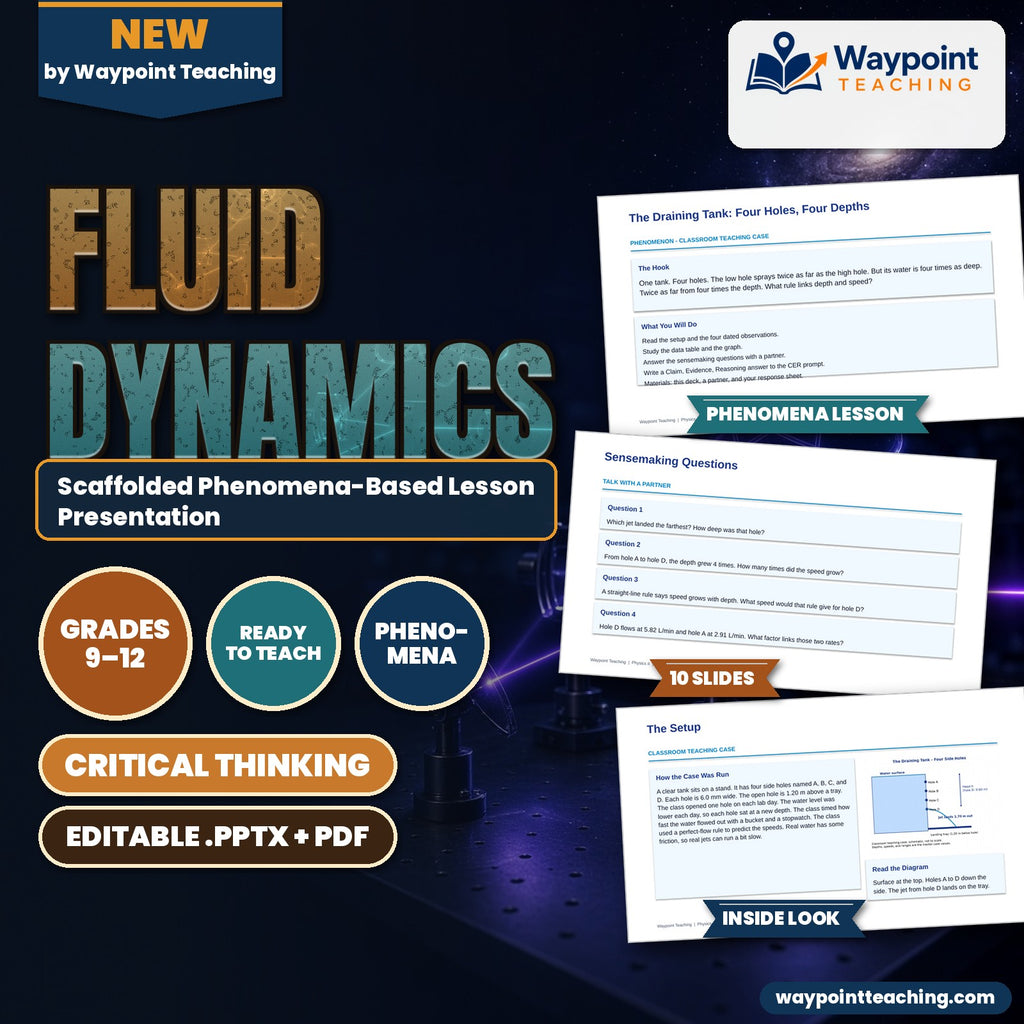 Fluid Dynamics Scaffolded Phenomena-Based Lesson: The Draining Tank: Four Holes, Four Depths Presentation cover