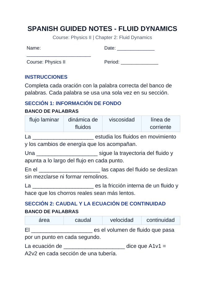 Fluid Dynamics Spanish Guided Notes sample page