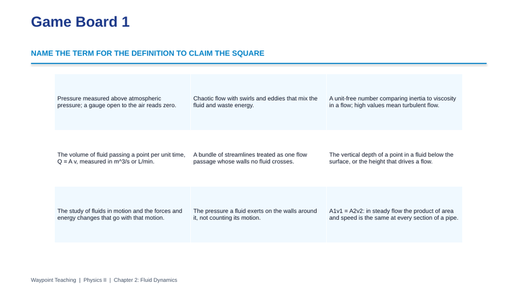 Fluid Dynamics Tic-Tac-Toe Review Game sample page
