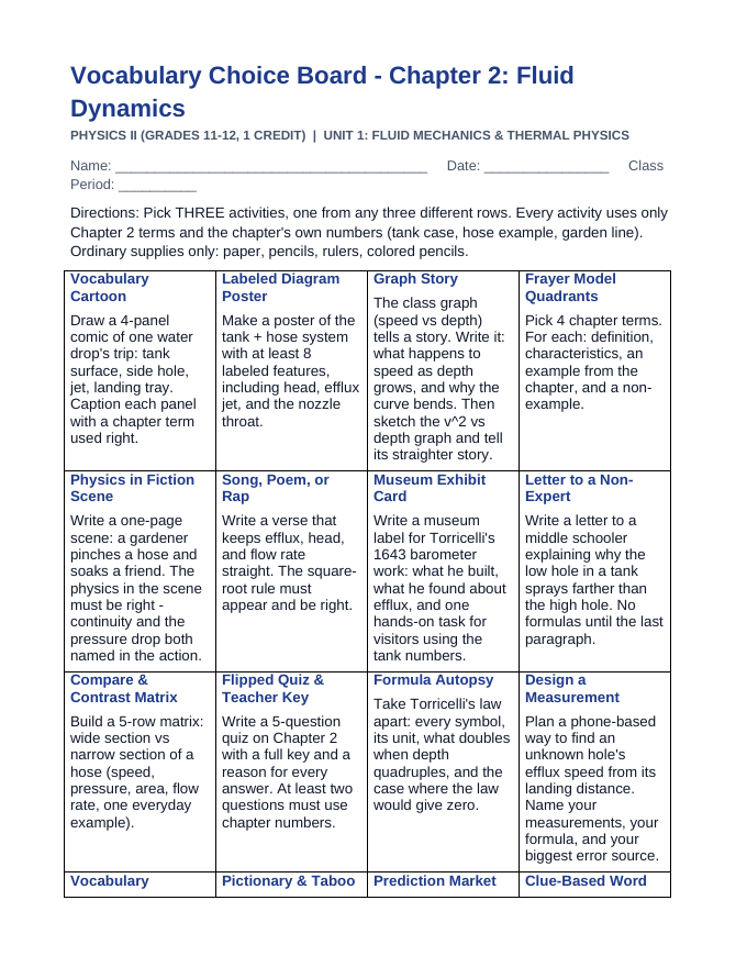 Fluid Dynamics Vocabulary Choice Board sample page