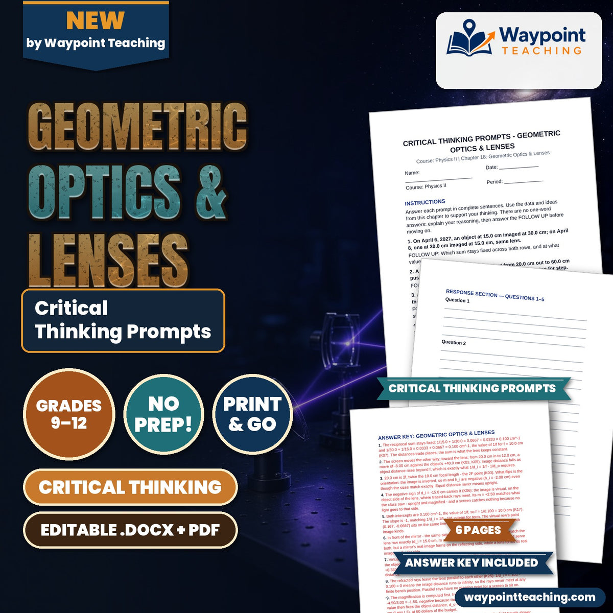 Geometric Optics & Lenses Critical Thinking Prompts cover