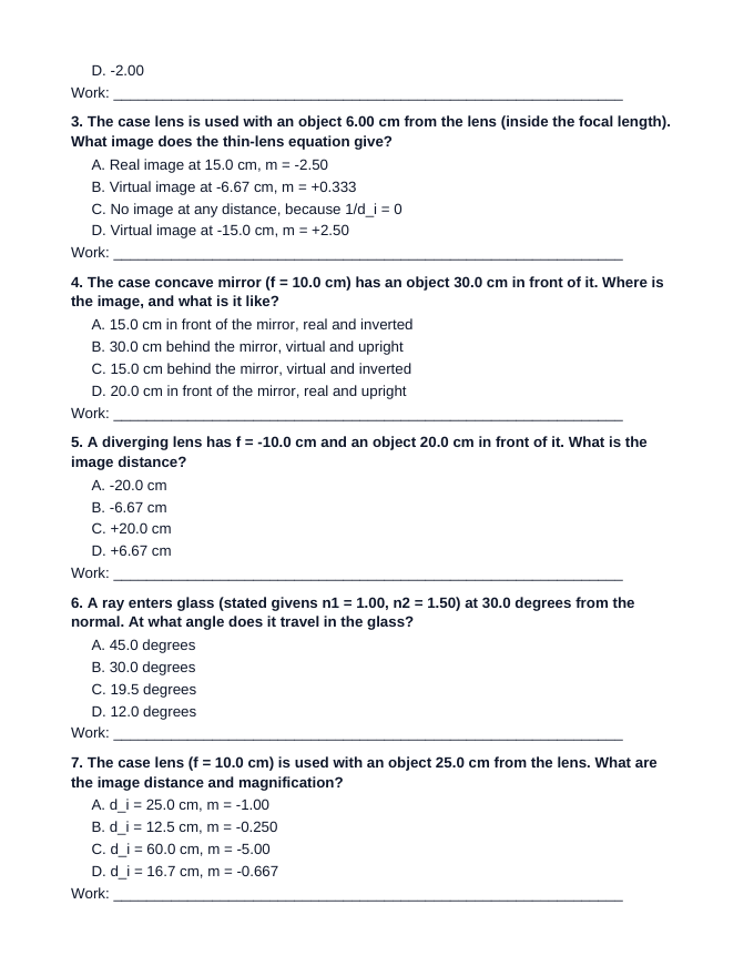 Geometric Optics & Lenses Lesson Quiz sample page
