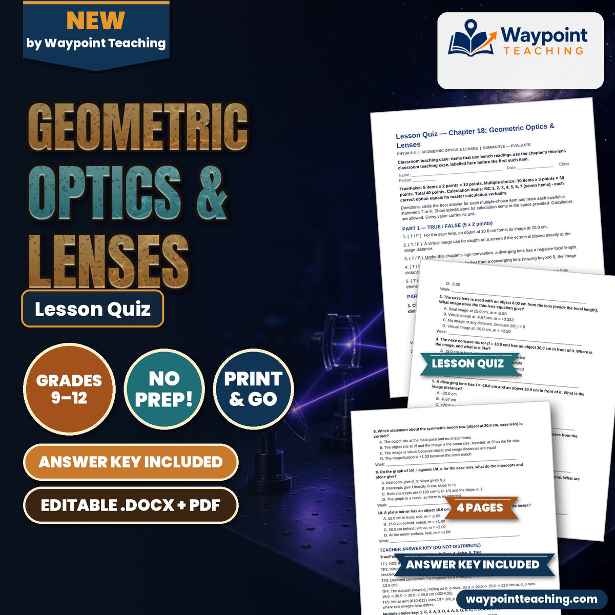 Geometric Optics & Lenses Lesson Quiz cover