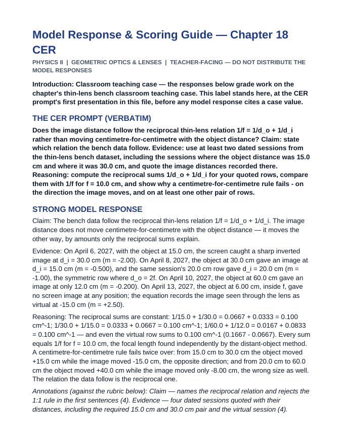 Geometric Optics & Lenses Model Response & Scoring Guide sample page
