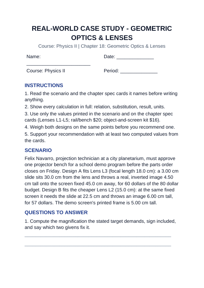 Geometric Optics & Lenses Real-World Case Study sample page