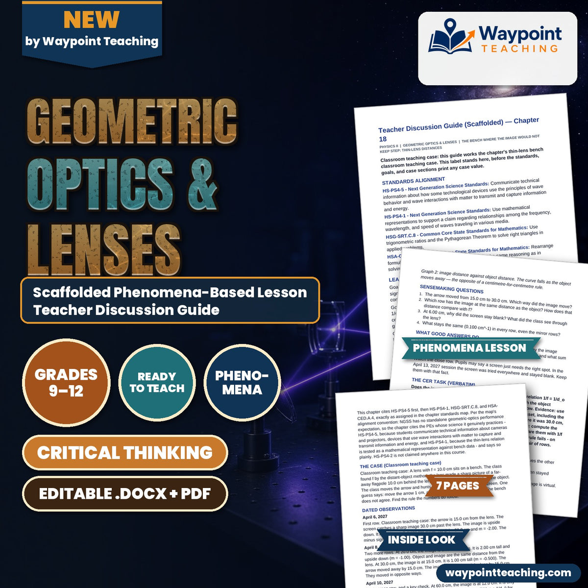 Geometric Optics & Lenses Scaffolded Phenomena-Based Lesson: The Bench Where the Image Would Not Keep Step: Thin-Lens Distances Teacher Discussion Guide cover