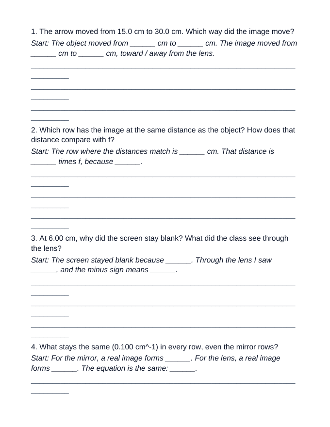 Geometric Optics & Lenses Scaffolded Phenomena-Based Lesson: The Bench Where the Image Would Not Keep Step: Thin-Lens Distances Student Response Sheet sample page
