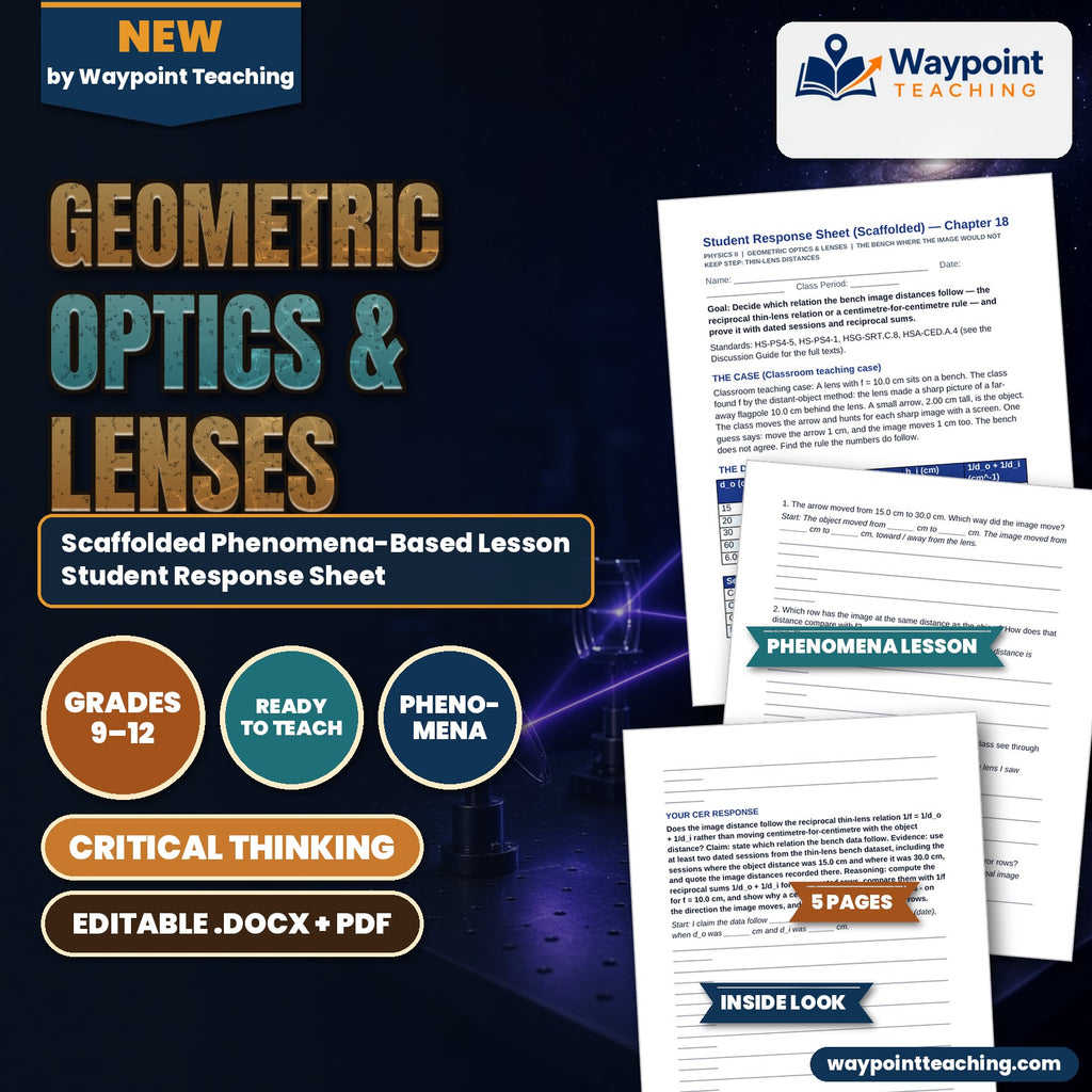 Geometric Optics & Lenses Scaffolded Phenomena-Based Lesson: The Bench Where the Image Would Not Keep Step: Thin-Lens Distances Student Response Sheet cover
