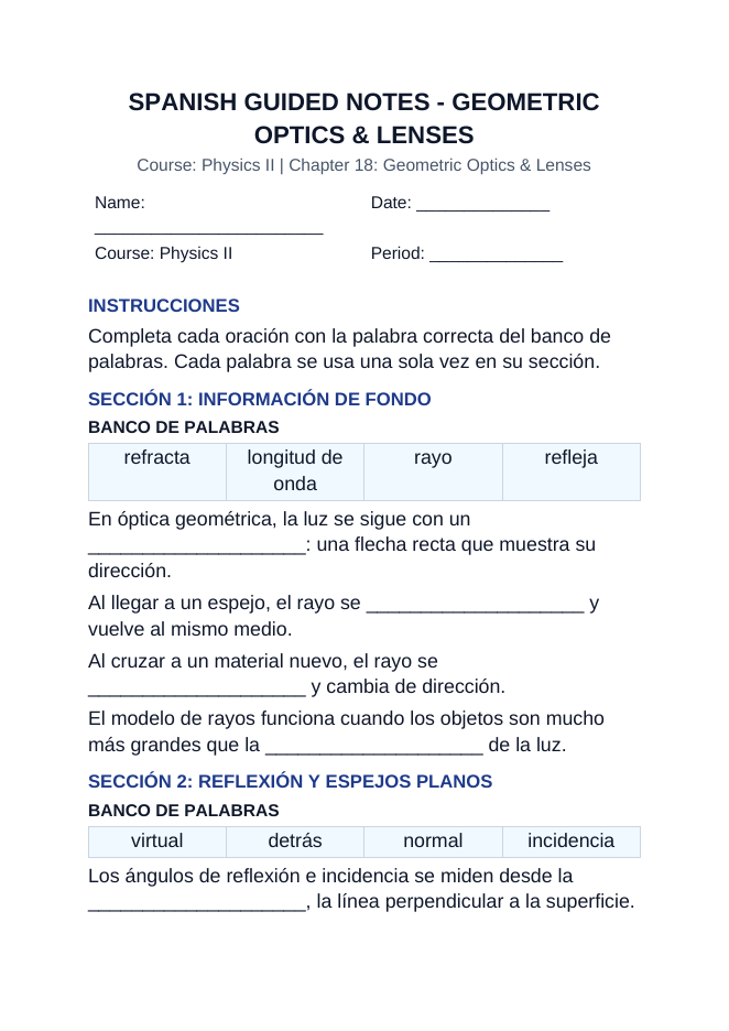 Geometric Optics & Lenses Spanish Guided Notes sample page