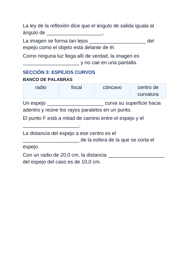 Geometric Optics & Lenses Spanish Guided Notes sample page