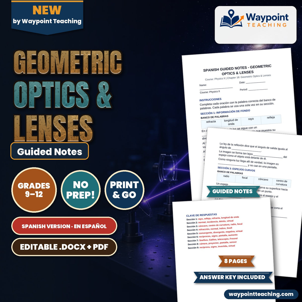Geometric Optics & Lenses Spanish Guided Notes cover