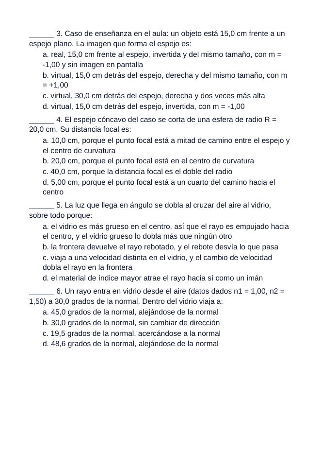 Geometric Optics & Lenses Spanish Unit Test sample page