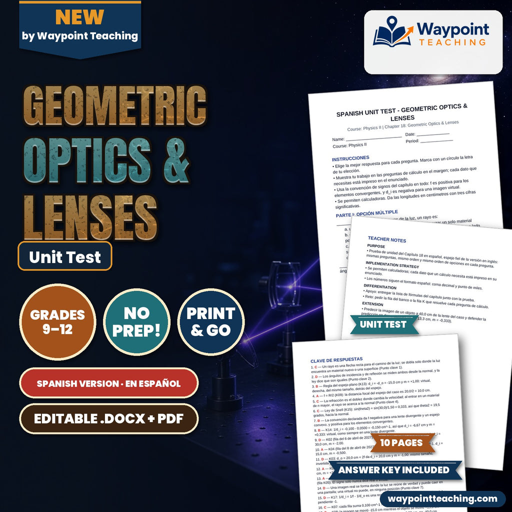Geometric Optics & Lenses Spanish Unit Test cover