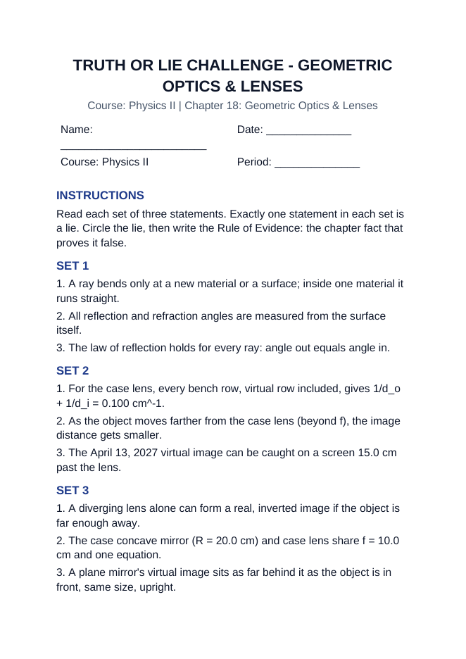 Geometric Optics & Lenses Truth or Lie Challenge sample page