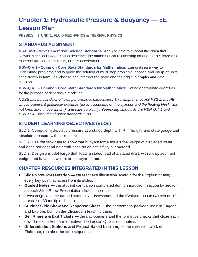Hydrostatic Pressure & Buoyancy 5E Lesson Plan sample page