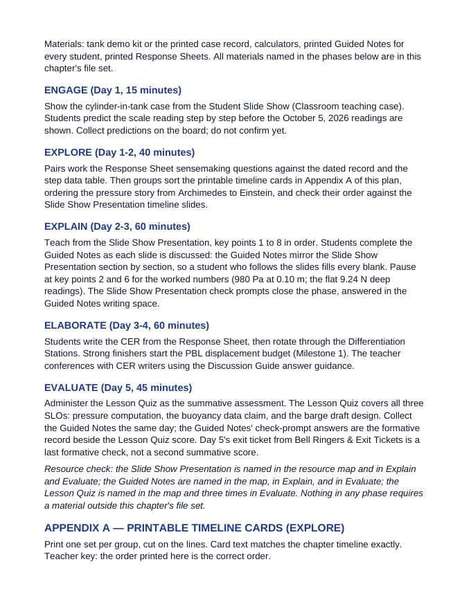 Hydrostatic Pressure & Buoyancy 5E Lesson Plan sample page