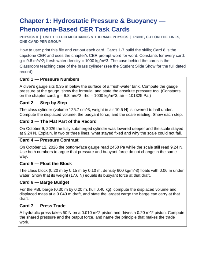 Hydrostatic Pressure & Buoyancy CER Task Cards sample page