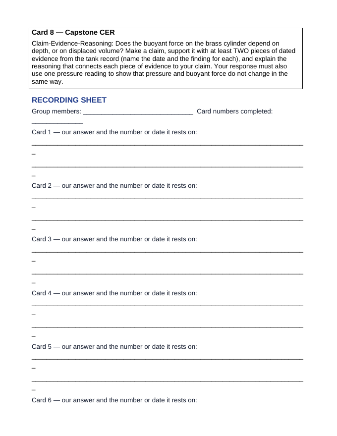 Hydrostatic Pressure & Buoyancy CER Task Cards sample page
