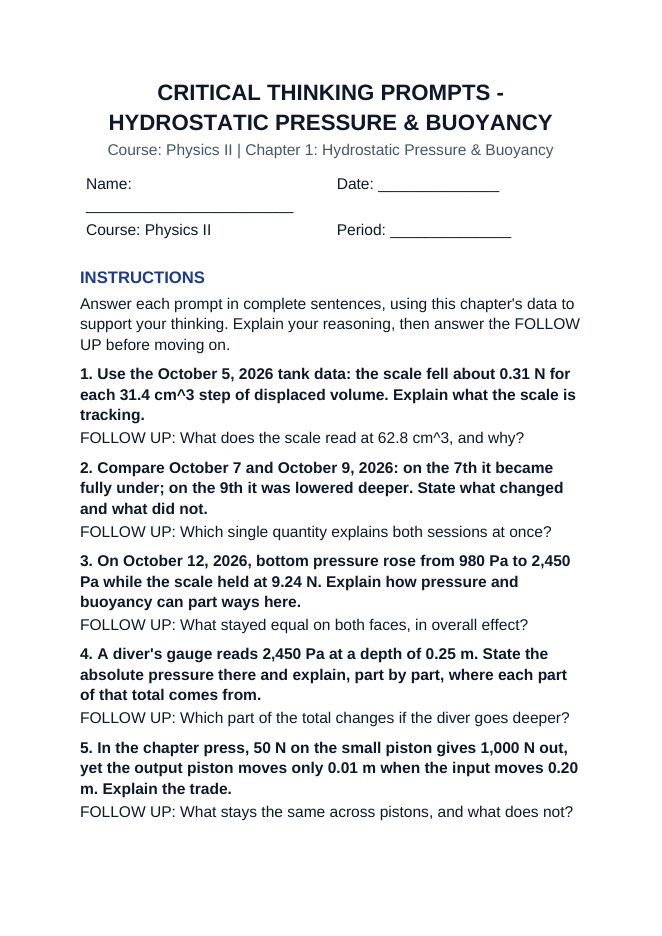 Hydrostatic Pressure & Buoyancy Critical Thinking Prompts sample page