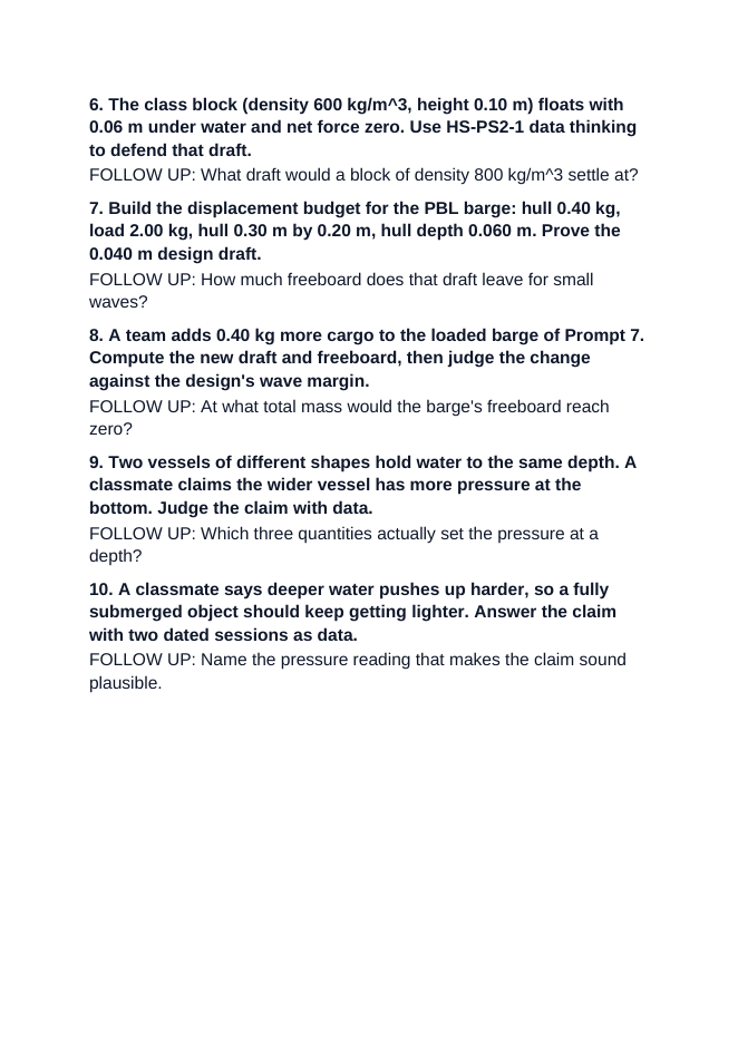 Hydrostatic Pressure & Buoyancy Critical Thinking Prompts sample page