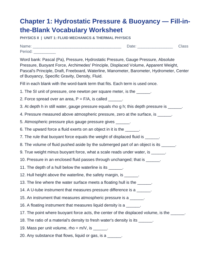 Hydrostatic Pressure & Buoyancy Fill-in-the-Blank Vocabulary Worksheet sample page