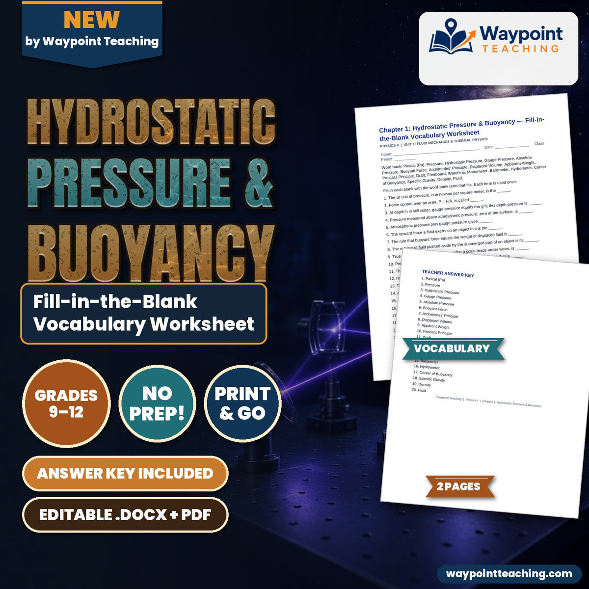 Hydrostatic Pressure & Buoyancy Fill-in-the-Blank Vocabulary Worksheet cover