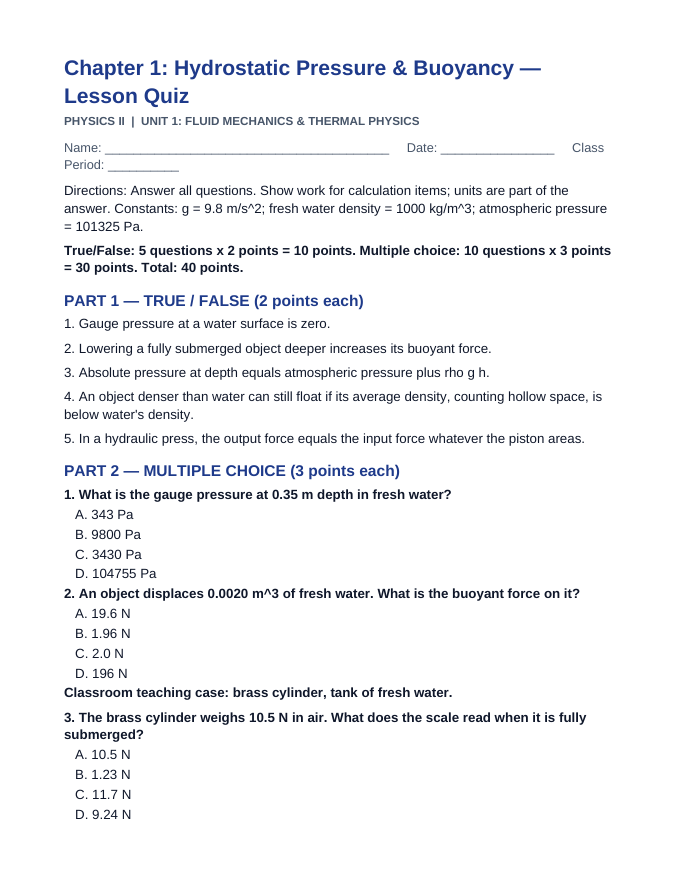 Hydrostatic Pressure & Buoyancy Lesson Quiz sample page