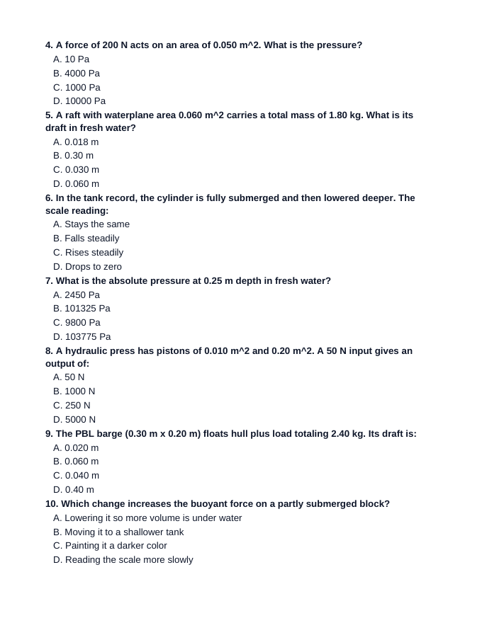 Hydrostatic Pressure & Buoyancy Lesson Quiz sample page