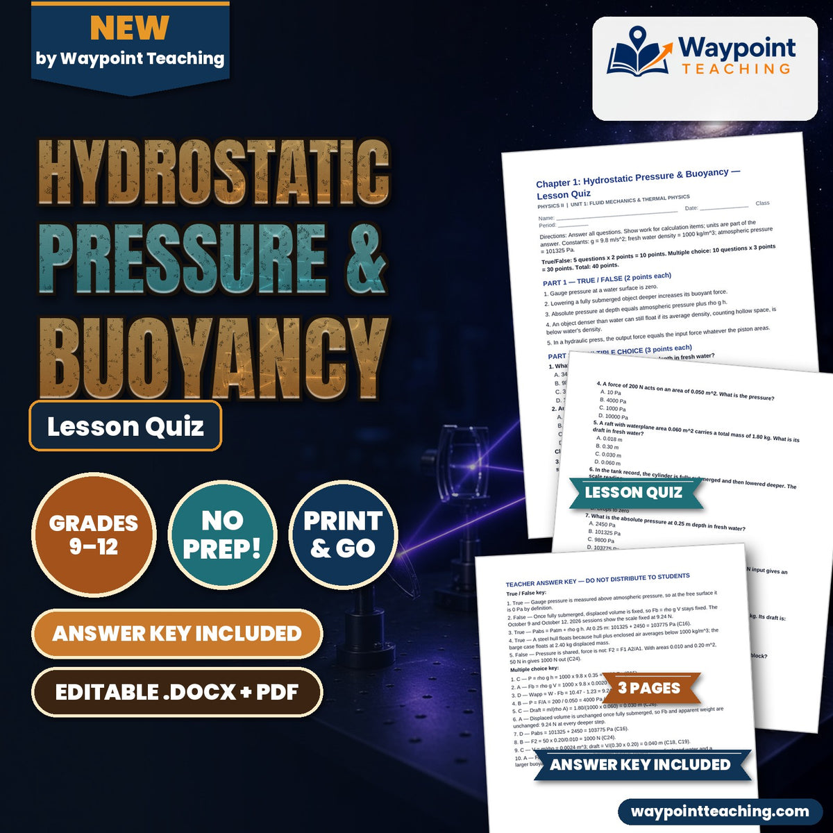 Hydrostatic Pressure & Buoyancy Lesson Quiz cover