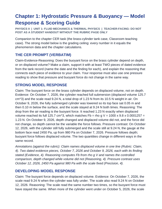 Hydrostatic Pressure & Buoyancy Model Response & Scoring Guide sample page