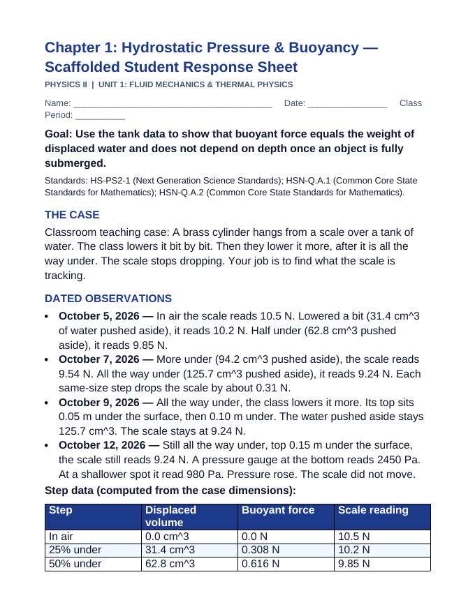 Hydrostatic Pressure & Buoyancy Scaffolded Phenomena-Based Lesson: The Cylinder That Stopped Getting Lighter Student Response Sheet sample page