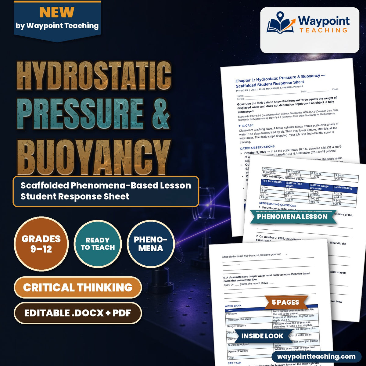 Hydrostatic Pressure & Buoyancy Scaffolded Phenomena-Based Lesson: The Cylinder That Stopped Getting Lighter Student Response Sheet cover
