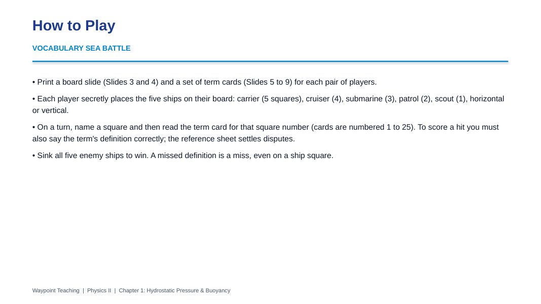 Hydrostatic Pressure & Buoyancy Sea Battle Review Game sample page