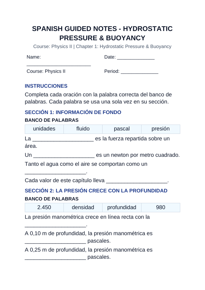 Hydrostatic Pressure & Buoyancy Spanish Guided Notes sample page