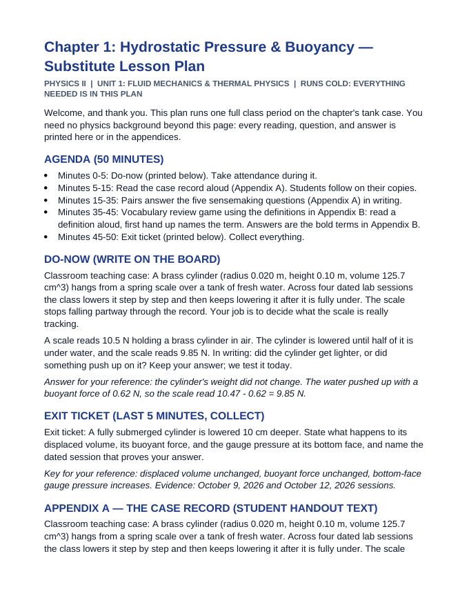 Hydrostatic Pressure & Buoyancy Substitute Lesson Plan sample page