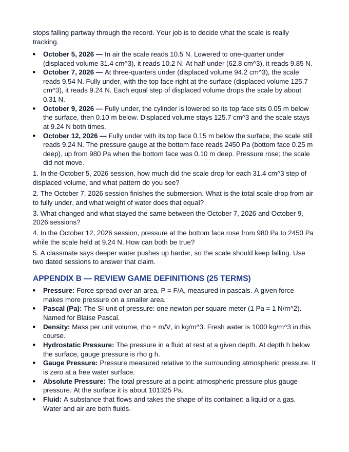 Hydrostatic Pressure & Buoyancy Substitute Lesson Plan sample page