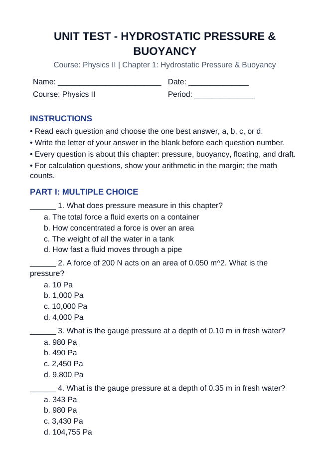 Hydrostatic Pressure & Buoyancy Unit Test sample page